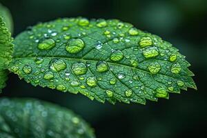 Close-up of raindrops on a vibrant green leaf photo