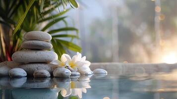 Banner Spa wellness setting with zen stones, frangipani flowers, and water reflections for serene decor and relaxation themes photo