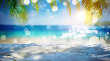 Banner Tropical beach scene with palm leaves, sparkling ocean, and white sand, ideal for travel and vacation themes photo