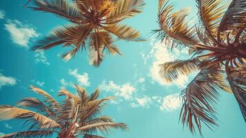 Retro summer scene with lush palm trees and a clear blue sky, perfect for lifestyle, travel, and tropical decor photo