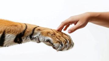 Human hand touching tiger paw in unity, symbolic gesture of connection, ideal for environmental and wildlife conservation themes photo