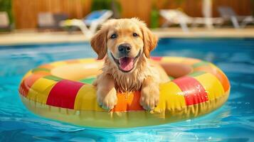 Golden retriever puppy relaxing in colorful pool float during summer photo