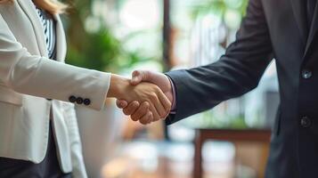 Businessman and Business Woman Doing Handshake Partnership Agreement photo