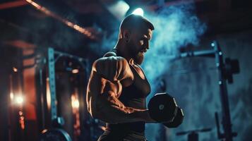muscular hombre levantamiento un pesa con uno mano en un oscuro gimnasio foto
