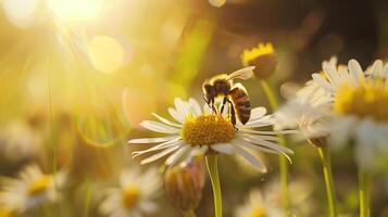 miel abeja haciendo un polinización a un flor en campo foto