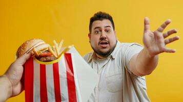 grasa hombre querer a comer rápido comida foto