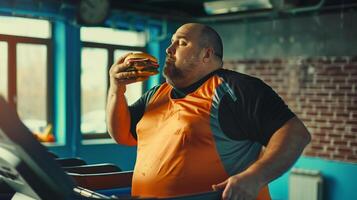 obeso hombre comiendo hamburguesa mientras haciendo rutina de ejercicio foto