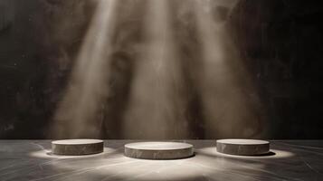 Three Cylinder Pedestal on a Dark Cement Background with Shining Spotlight photo