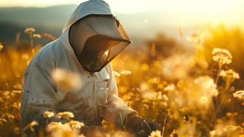 apicultor cosecha miel en un flor archivado vistiendo cera de abejas foto