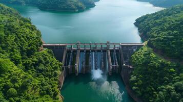 Aerial View of a Dam in The Middle of a Rain Forest photo