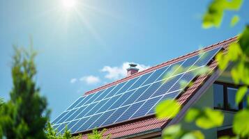 Solar Panel Installed on a Roof with Bright Sun on The Background photo