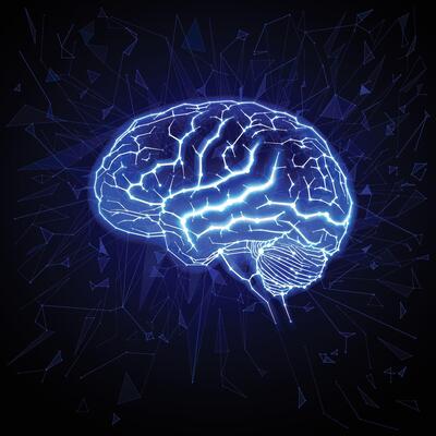 A modern technological illustration of the human brain using geometric shapes arranged on a dark blue background.