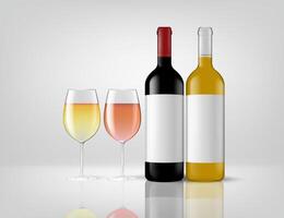 Three glass bottles of wine and two elegant glasses of wine, showcasing the art of serving this alcoholic beverage. A delightful solution for a relaxing evening vector