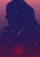 Profile of a woman with the hair full of stars poster illustration. Glossy Saturn rising in evening sky vector