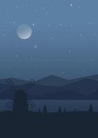 Rural night landscape with windmills in Holland illustration. 2d illustration of beautiful summer fields vector