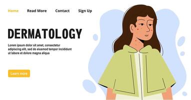 Girl with dermatology problem skin banner. Cartoon scene skin, causes and methods of treating acne. vector