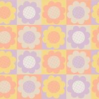 Y2K aesthetics, Groovy Daisy Flowers Seamless Pattern in swatches. Floral Background in 1970s Hippie Retro Style for Print on Textile, Wrapping Paper, Web Design and Social Media. vector