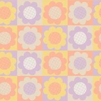 Y2K aesthetics, Groovy Daisy Flowers Seamless Pattern in swatches. Floral Background in 1970s Hippie Retro Style for Print on Textile, Wrapping Paper, Web Design and Social Media. vector