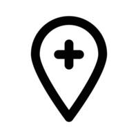 Medical sign inside map pin denoting concept icon of hospital location vector