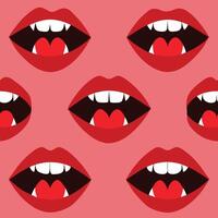 red lips with vampire teeth on a pink background vector