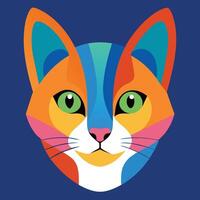 un vistoso ilustración de un de gato cara con azul, naranja, y rosado matices vector