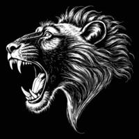 A black and white lion head with its mouth open and teeth bared, on a white background vector