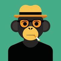 un mono con un sombrero, anteojos, y un cigarrillo en sus boca. vector