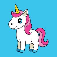 A cartoon unicorn with a pink mane and horn and blue eyes. vector