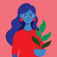 A blue-haired woman with red skin and a red shirt stands in front of a pink background and plants. vector