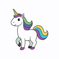 un dibujos animados unicornio con un arco iris melena y cola, un dorado bocina, y púrpura pies y pezuñas vector