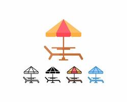 Beach chair with icon set of 5 different umbrella styles. Line, glyph, blue, outline, and flat contain colorful versions. Perfect for web design and more vector