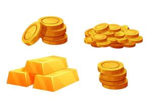 Set gold coins, stack of golden bricks, shiny treasure game asset isolated on white background vector