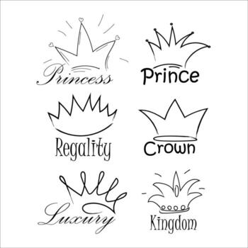 Set of crowns with text in doodle style isolated on white background. Collection stylish prints, black line. vector
