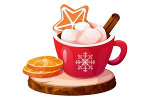Christmas holiday red mug with hot beverage, marshmallow, gingerbread star, cinnamon stick and orange on wood tray in cartoon style isolated on white background. vector