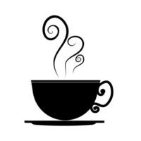 Cup with coffee, logo in black colour isolated on white background. Decorated with swirl steam, elegant and simple design element, object. vector