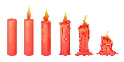 Set red wax candle stages burning with fire, flame isolated on white background. Animation objects, stages vector