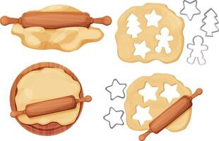 Set Wooden rolling pin with dough and flour handle culinary equipment on round wooden board, cookie cutter in cartoon style isolated on white background. Wood textured roller, utensil, baker recipe. vector