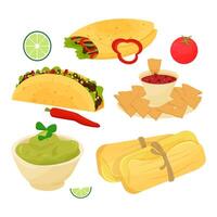 Set of mexican dishes, food taco, burrito, guacamole, tamale, nachos decorated with lime, tomato, chilli vector