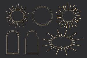 Set Golden celestial frames, borders, oval, circle and arch line art esoteric minimal decoration with sparkles isolated on dark background. vector