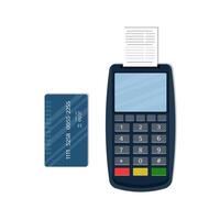 Payment terminal with paper check and plastic bank card. POS terminal for payment. Card reader machine. Isolated on background. vector