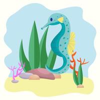 Seahorse in sea background with decorations as underwater plants, stones, corals in design. Graphic cute, marine, aquarium illustration. vector