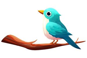 azul pájaro sentado en rama con alas y cola linda personaje en dibujos animados estilo aislado en blanco antecedentes. vector