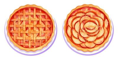 conjunto casero manzana tarta en lámina, tarta con en polvo azúcar parte superior ver todo redondo panadería, postre en dibujos animados estilo aislado en blanco antecedentes. vector