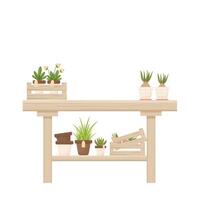 Wooden table with potted plants, flowers, florist shop, orangery decoration in cartoon style isolated on white background. Gardening, seeding element, advertising composition. Furniture for interior. vector