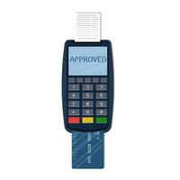 Payment terminal with paper check and plastic bank card. POS terminal for payment. Card reader machine. Isolated on background. vector