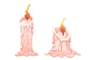 Set detailed Wax candle from paraffin wax with fire, flame tall to law isolated on white background. vector