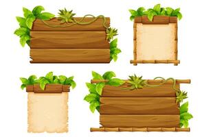 Set wooden signboard, bamboo frame parchment decorated with jungle palm leaves, liana in cartoon style isolated on white background. Jungle, tropical element, textured and detailed board.Ui game asset vector