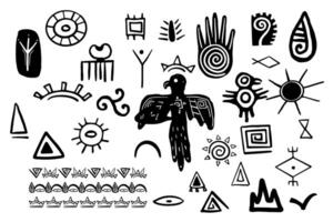 Tibal traditional primitive aztec elements doodle style, mexican indigenous native print, collection torems symbols isolated on white background. vector