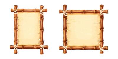 Set Bamboo frames with old parchment paper decorated with rope isolated on white background. Game ui board, sign vector