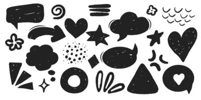 Set grunge comic elements arrows, speech bubble, cloud hearts, emotion elements jagged textured in doodle isolated on white background. vector